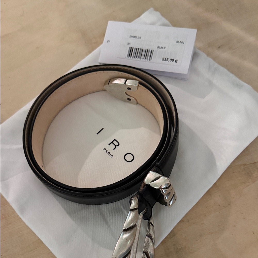 IRO Black Leather Belt with Silver Braided Chain